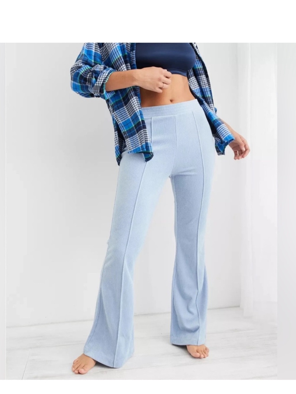Aerie Groove-On Ribbed Velour Flare Lounge Pants-Monaco Blue (Small-Long)